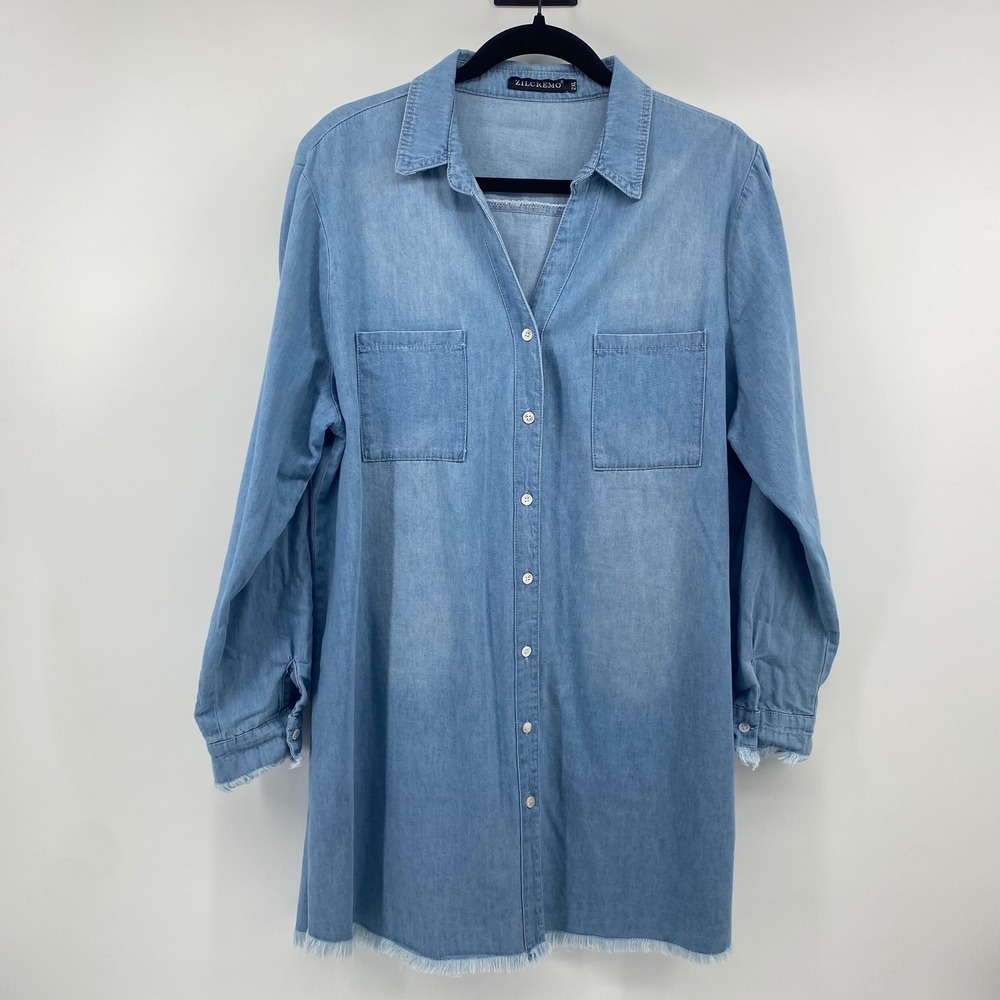 Zilcremo Denim Shirt Women 2XL Light Blue Frayed Hem Button Down Chambray Tunic